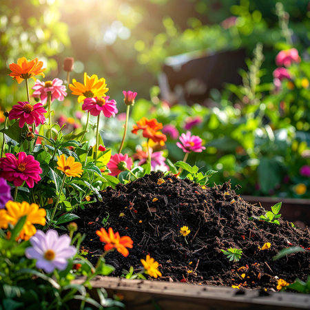 Garden bed with various colorful flowers in sunny day. Gardening concept.の素材