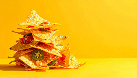 Mexican nachos on yellow background with copy space for textの素材