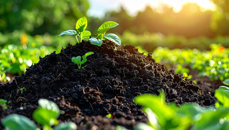 Green seedlings growing on fertile soil at vegetable garden in morning lightの素材