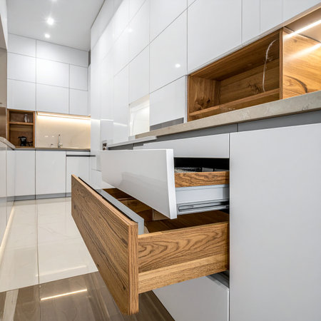 interior of modern kitchen with wooden cupboard, sink and ovenの素材