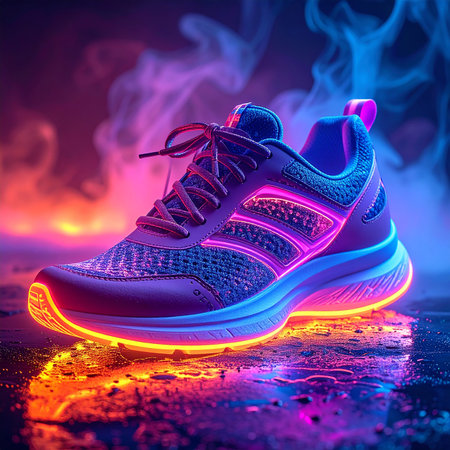 Sneakers in neon light on a dark background with smoke.の素材