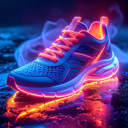 Sneakers in neon light on a dark background. 3d renderingの素材