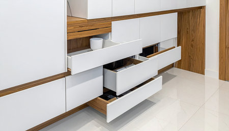 Interior of modern kitchen with white walls, tiled floor and white cupboardsの素材