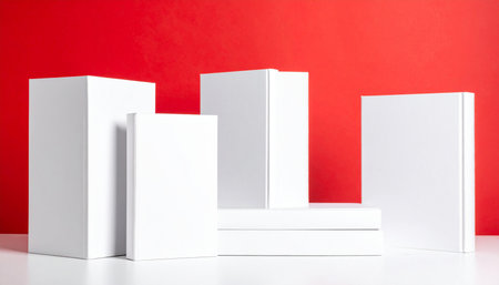 White box on the white table and red background. 3d renderingの素材