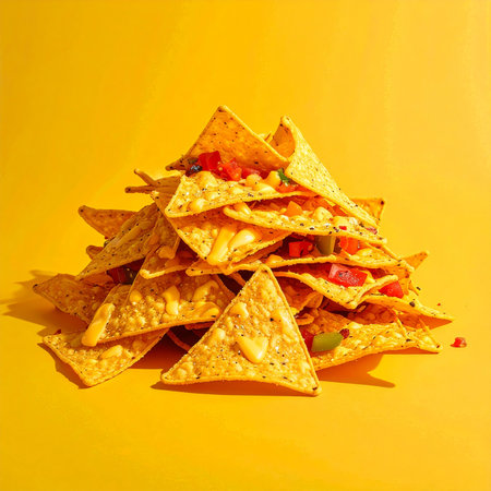 Mexican nachos chips on a yellow background with copy spaceの素材