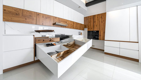 interior of new luxury house, kitchen and dining room with white furnitureの素材