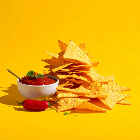 Mexican nachos chips with salsa and chilli on yellow backgroundの素材