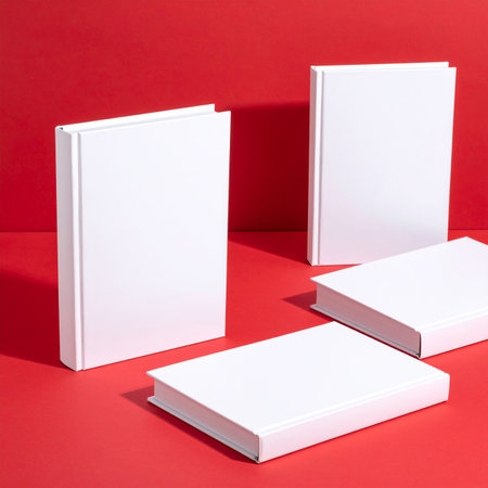 White books on a red background. Mockup for branding identity.の素材