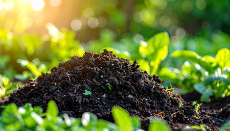 Close up of fertile soil with small green plants in the garden.の素材