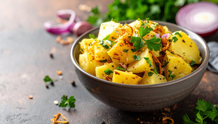 Potato salad with onion, parsley and spices in bowl on dark backgroundの素材