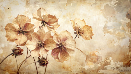Dried flowers on old paper background with space for text or imageの素材