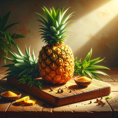 Pineapple and its ingredients on a wooden table. 3d renderingの素材