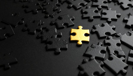 Jigsaw puzzle pieces on black background, business solutions and strategy conceptの素材