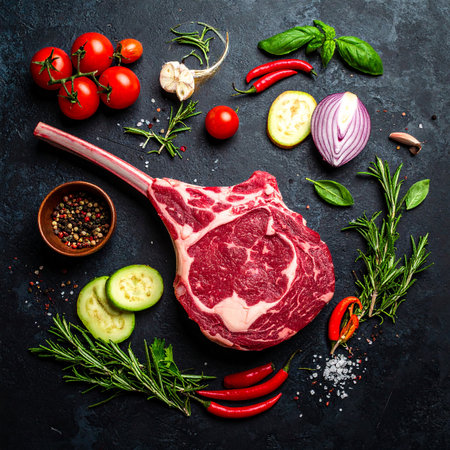 Raw fresh beef steak with ingredients for cooking on black background, top viewの素材