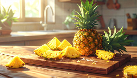 Pineapples on a wooden cutting board on a kitchen tableの素材