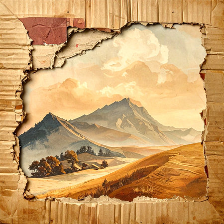 Vintage background with old paper and mountain landscape. Grunge textureの素材