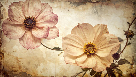 Dahlia flowers on old paper background. Photo in retro style.の素材