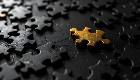 Golden puzzle piece on black background. 3D rendering. Business conceptの素材