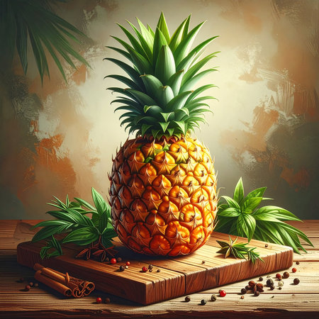 Pineapple on a wooden table with spices on a grunge backgroundの素材
