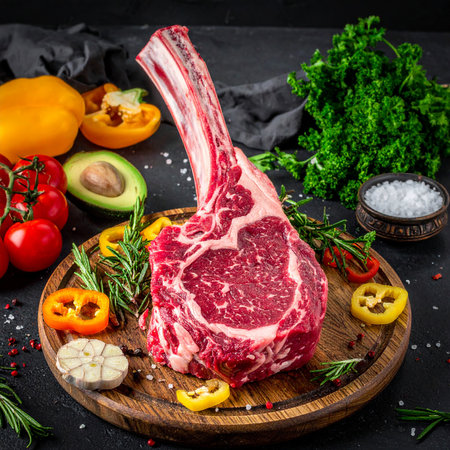 Raw tomahawk steak with ingredients for cooking on a black backgroundの素材
