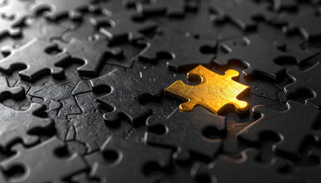 Golden puzzle piece on black background, closeup. Business solution conceptの素材