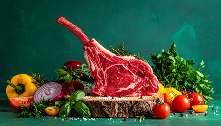 Raw ribeye beef steak with herbs, spices and vegetables on green backgroundの素材