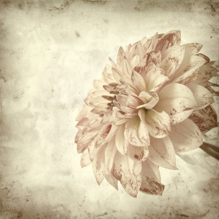 textured old paper background with pale pink dahlia flower.の素材