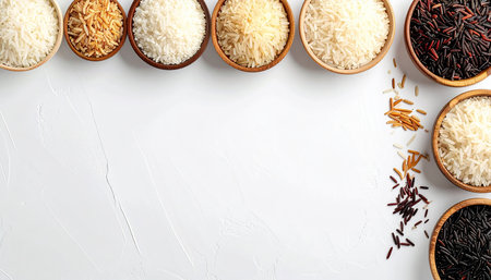 Different types of rice in bowls on white background, top view. Space for textの素材