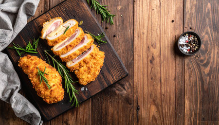 Crispy fried chicken breast with cheese and rosemary on wooden boardの素材