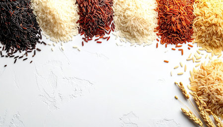 Different types of rice on white background, top view. Space for textの素材