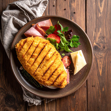 Grilled chicken fillet with cheese and salad on wooden background. Top viewの素材