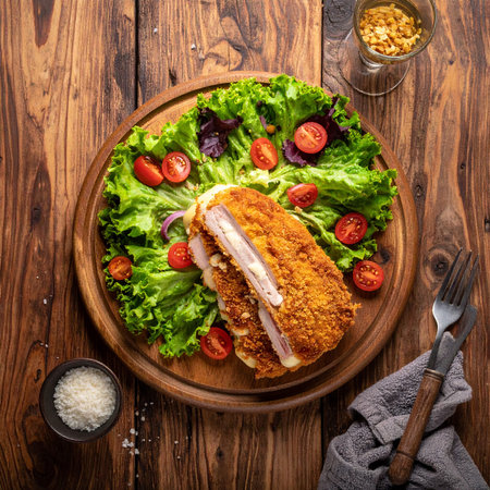 Breaded pork cutlet with salad and tomatoes on wooden backgroundの素材