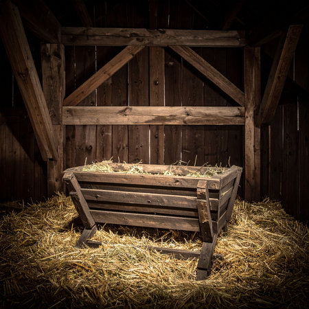 Wooden crate with hay in barn. Rustic style. Toned.の素材