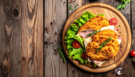 Breaded chicken cutlets with lettuce, tomatoes and cheese on wooden backgroundの素材