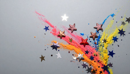 Colorful confetti with stars on grey background. Copy space.の素材