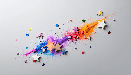 Colorful confetti on grey background, top view. Space for textの素材
