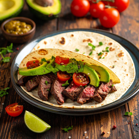 mexican beef tacos with avocado and tomatoes on dark wooden backgroundの素材