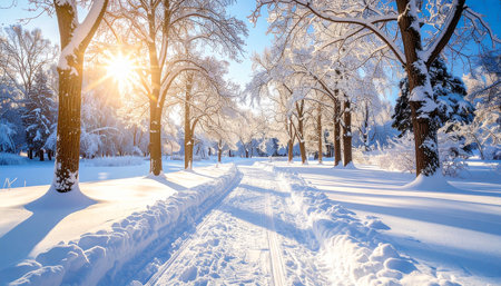 Beautiful winter landscape with snow-covered trees and blue sky.の素材