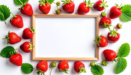 Strawberry with wooden frame on white background. Flat lay, top view.の素材