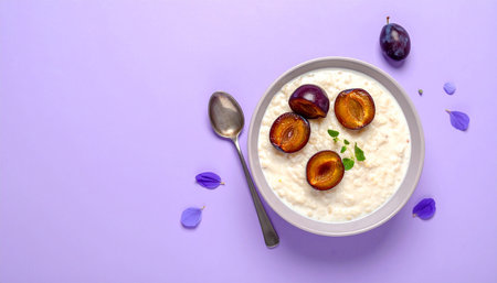 Milk porridge with plums in a bowl on a purple backgroundの素材