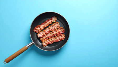Fried bacon in frying pan on blue background, top view. Space for textの素材