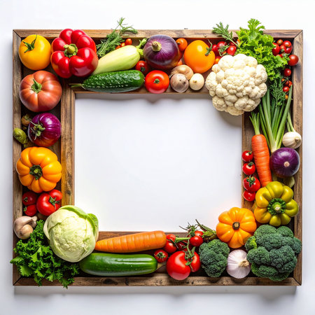 Frame with fresh organic vegetables on white background. Healthy food concept.の素材