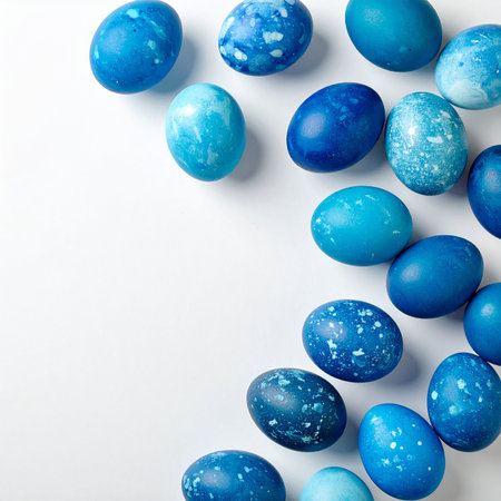 Blue Easter eggs on white background. Flat lay, top view.の素材