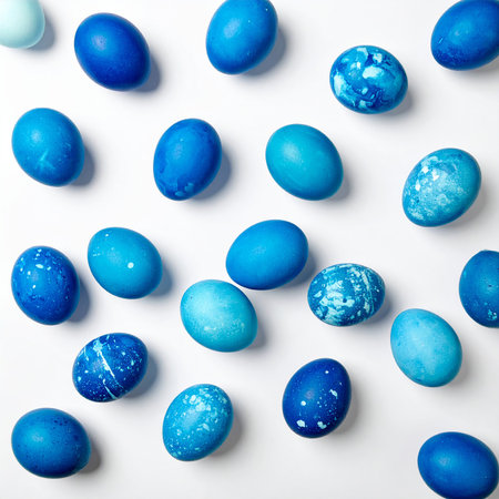 Blue easter eggs on white background. Flat lay, top viewの素材