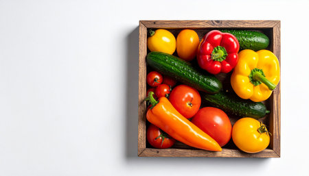 Fresh vegetables in a wooden box on a white background, top viewの素材
