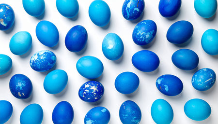 Blue Easter eggs on white background. Flat lay, top view.の素材