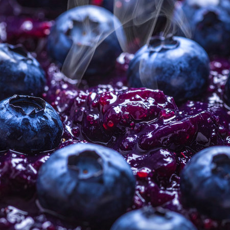 Blueberry jam with fresh berries, close-up, macro.の素材