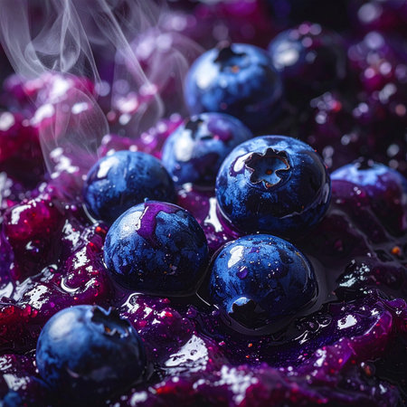 Blueberry jam in a bowl with fresh berries, close-upの素材