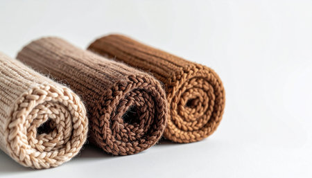 Closeup of beige and brown knitted blankets on white backgroundの素材