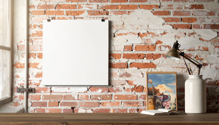 Blank poster on brick wall and wooden table, 3d renderの素材